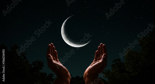 Muslim hand open and praying for dua under the crescent moonlight at night praying tahajjud photo