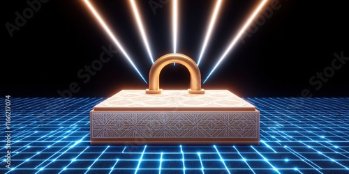 Futuristic Digital Security Concept with Illuminated Padlock on Grid Matrix, Symbolizing Cybersecurity, Data Protection, and Modern Cyber Defense Technology photo