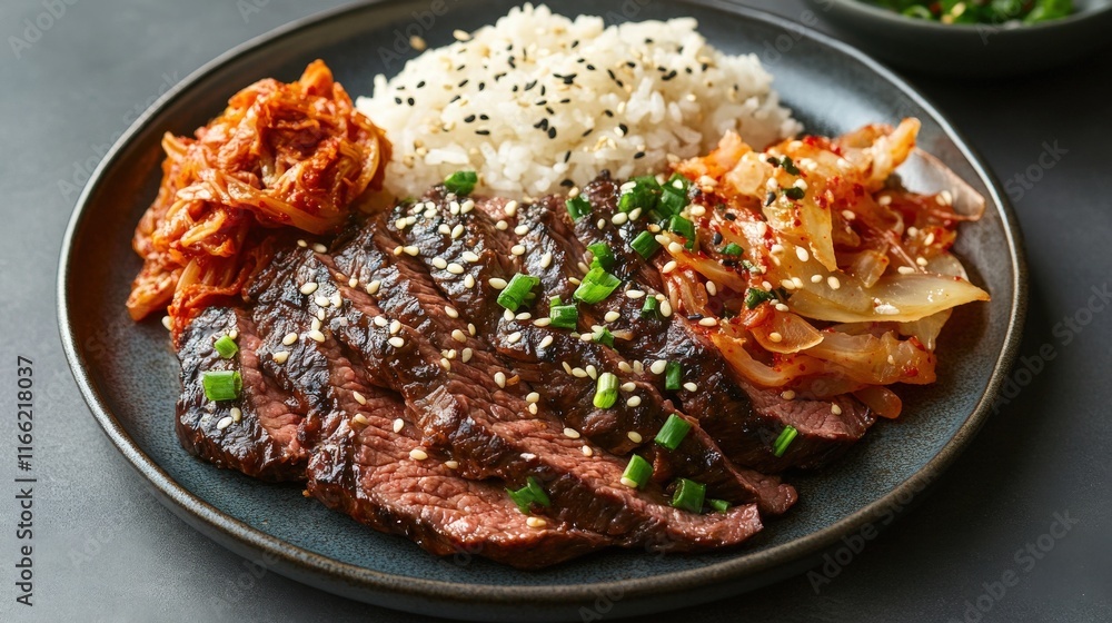 Fototapeta premium Grilled Beef with Kimchi Rice and Sesame Seeds