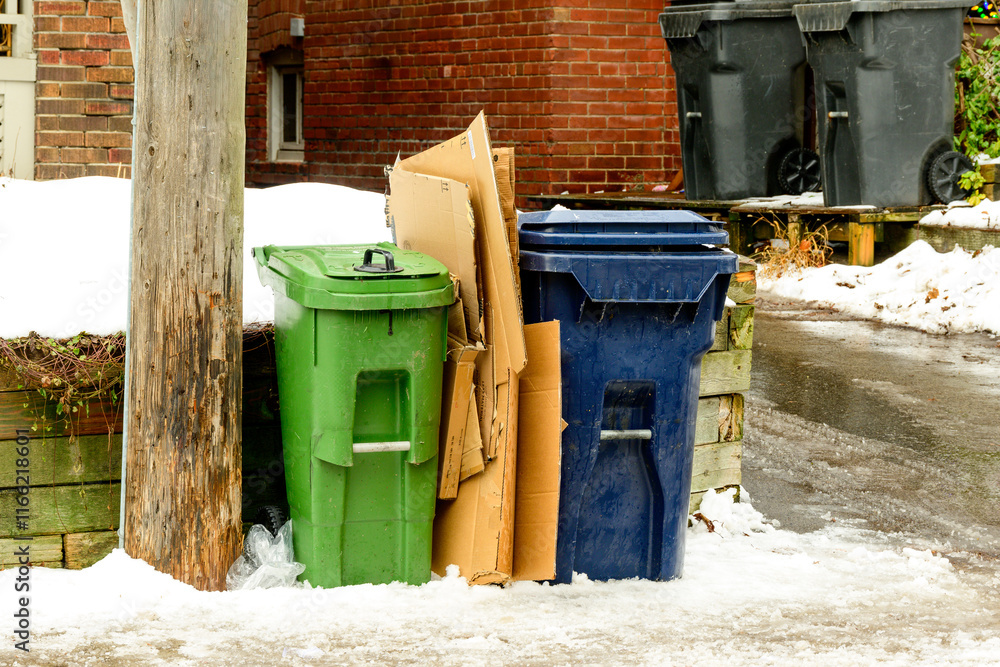 green economy: compost and recycling bins waiting for collection on a residential street shot in winter with snow in the toronto beaches neighbourhood room for text green economy: compost and recycling bins waiting for collection on a residential street shot in winter with snow in the toronto beaches neighbourhood room for text
