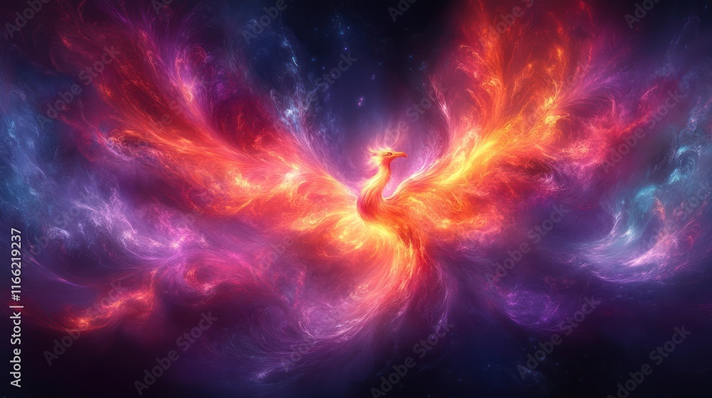 Fiery phoenix bird in vibrant nebula, cosmic fantasy art. Fiery phoenix bird in vibrant nebula, cosmic fantasy art.