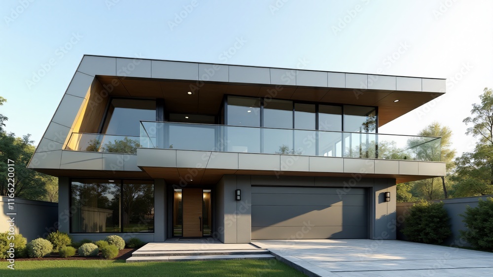 Contemporary façade with geometric angles, stainless steel elements, clear glass panels, and brushed steel door accents, creating a bold, modern look with expansive views and sleek materials. Contemporary façade with geometric angles, stainless steel elements, clear glass panels, and brushed steel door accents, creating a bold, modern look with expansive views and sleek materials.