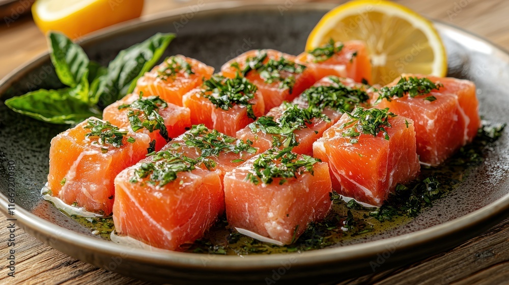 Fresh salmon cubes garnished with herbs and lemon. Fresh salmon cubes garnished with herbs and lemon.