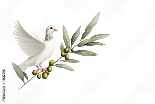 White dove perched on olive branch carrying branch of olive. Symbol of peace hope, freedom. Isolated white background. Illustration features gentle tones, light hues. Classic design for spiritual photo