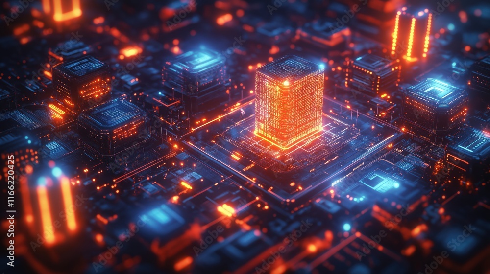 Digital tech illustration shows evolving application development. Futuristic city structure on electronic circuit board. Artificial intelligence, digital transformation emphasized. Complex system of Digital tech illustration shows evolving application development. Futuristic city structure on electronic circuit board. Artificial intelligence, digital transformation emphasized. Complex system of