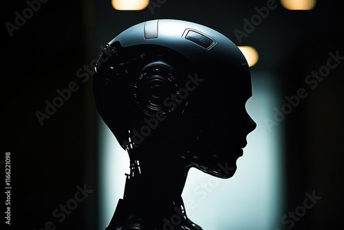 Futuristic robot head silhouette against dark background. Profile view of cybernetic head. Modern tech design. Abstract, conceptual art piece. Visual representation of future. Stylish, minimalist photo