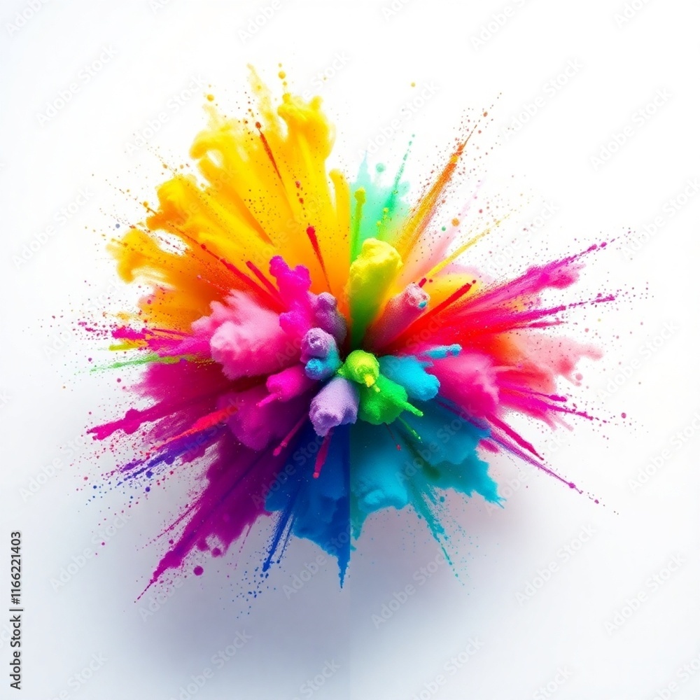 Multicolored rainbow powder paint explosion isolated on white, dynamic abstract art. Multicolored rainbow powder paint explosion isolated on white, dynamic abstract art.