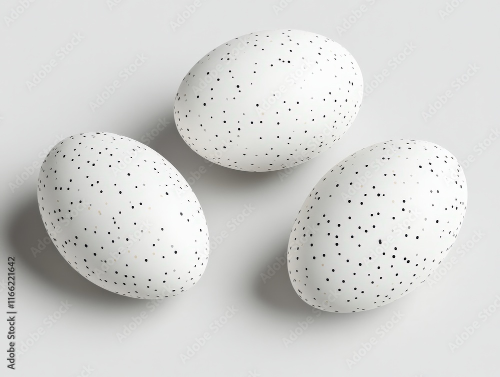Three elegant white eggs with tiny black speckles, ideal for minimalist decor and stylish presentations. Three elegant white eggs with tiny black speckles, ideal for minimalist decor and stylish presentations.