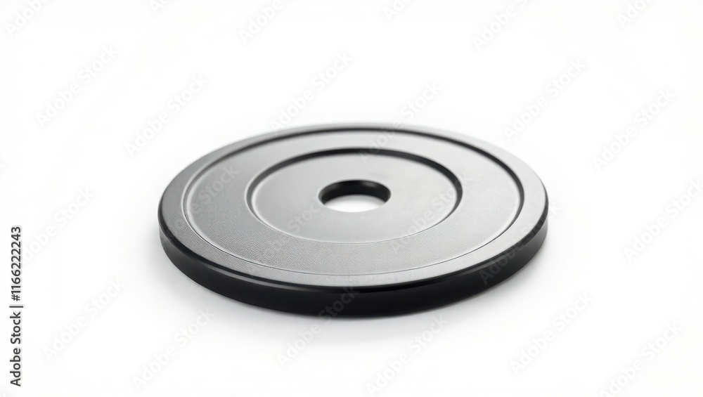 A single black weight plate rests on a white background A single black weight plate rests on a white background