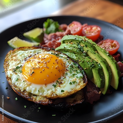 Sunny-Side Up Egg with Avocado, Pastrami, and Tomatoes: A Vibrant Breakfast Plate
