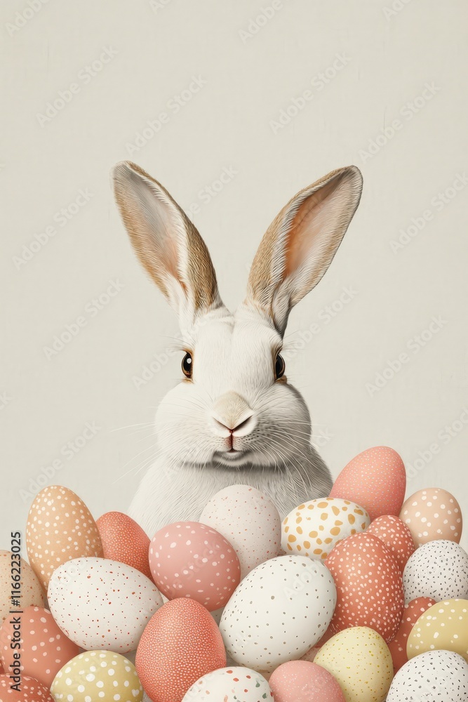 Obraz premium An adorable bunny amidst pastel eggs, symbolizing warmth, joy, and the charm of the Easter celebration.
