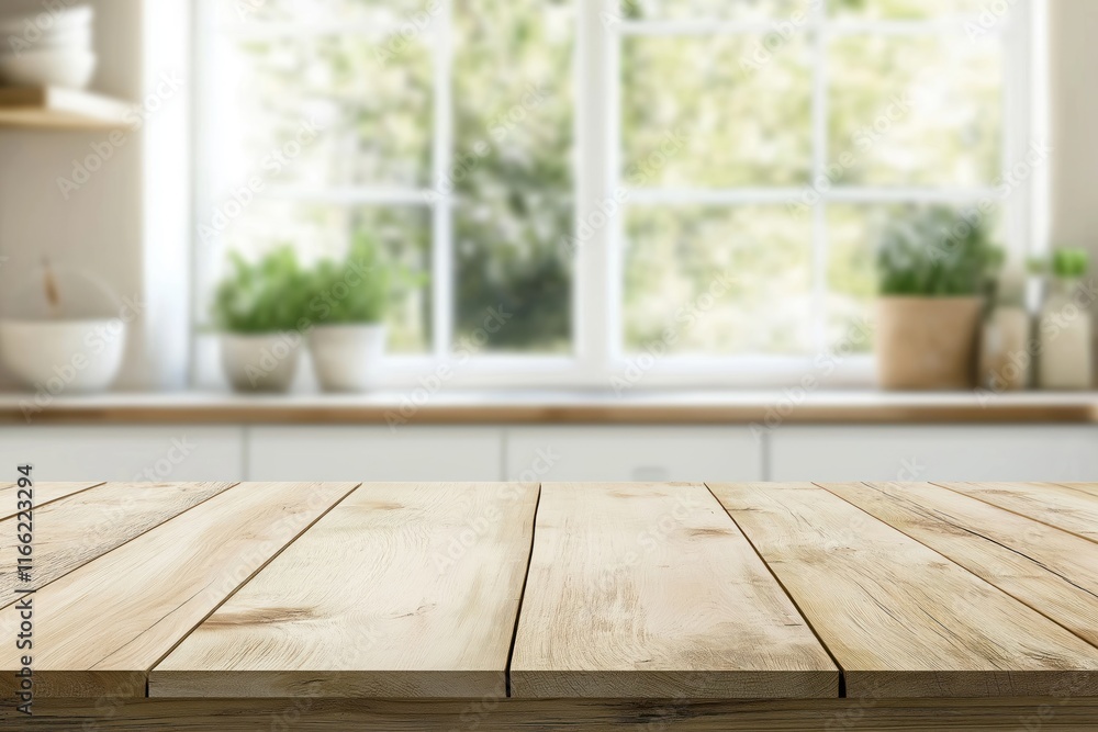 Empty wooden table top in front of blurred modern kitchen with window. Natural light streams through window. Green plants visible in pots by window. Interior design, home decor concepts implied. Empty wooden table top in front of blurred modern kitchen with window. Natural light streams through window. Green plants visible in pots by window. Interior design, home decor concepts implied.