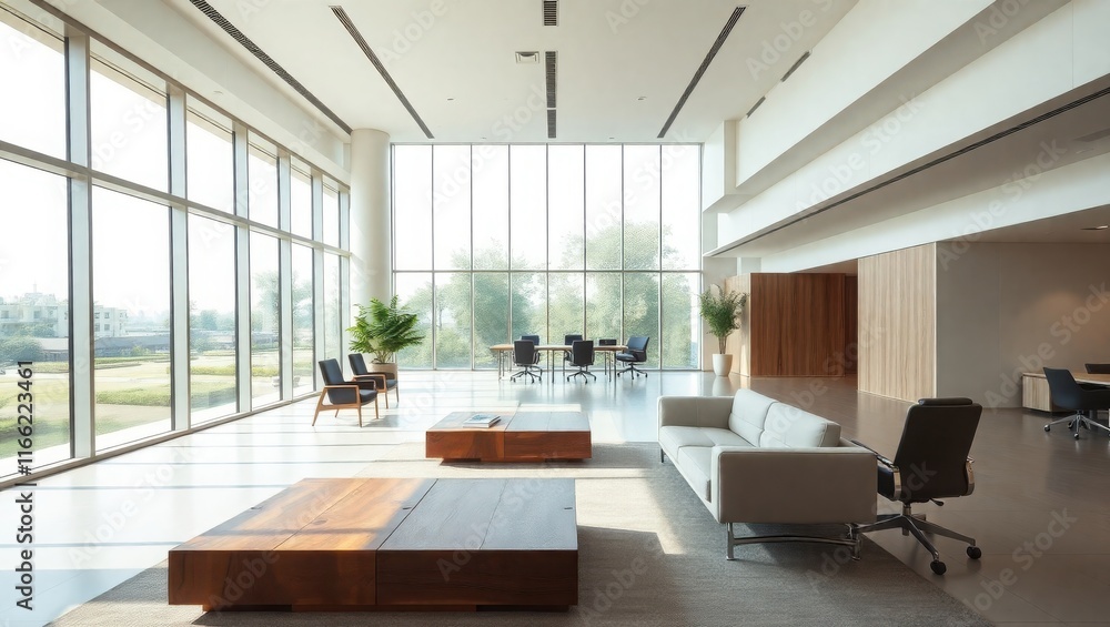Modern Office Lobby With Large Windows and Comfortable Seating Modern Office Lobby With Large Windows and Comfortable Seating