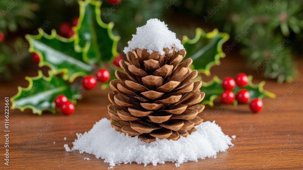 Pinecone adorned with snow and holly leaves. Pinecone adorned with snow and holly leaves.