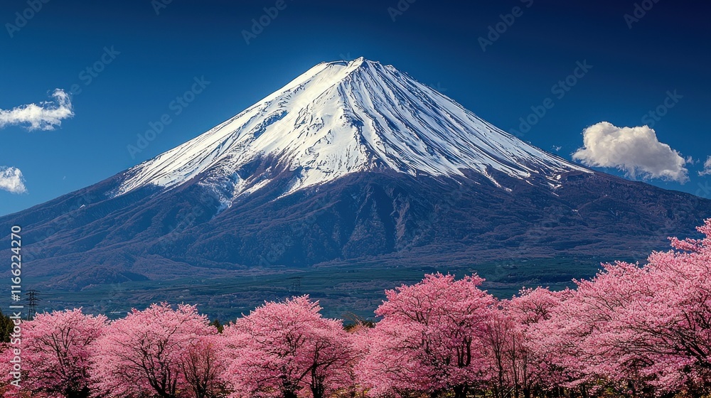 Fototapeta premium Scenic view of Mount Fuji with cherry blossoms in bloom.