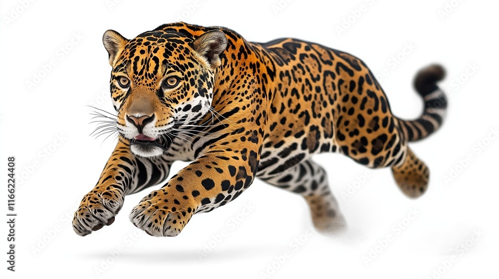 Powerful jaguar leaps gracefully in nature. Big cat demonstrates agility. Wildlife photo shows animal in action. Spotted fur pattern distinctive. Jaguar predator mammal from South America. Wild Powerful jaguar leaps gracefully in nature. Big cat demonstrates agility. Wildlife photo shows animal in action. Spotted fur pattern distinctive. Jaguar predator mammal from South America. Wild