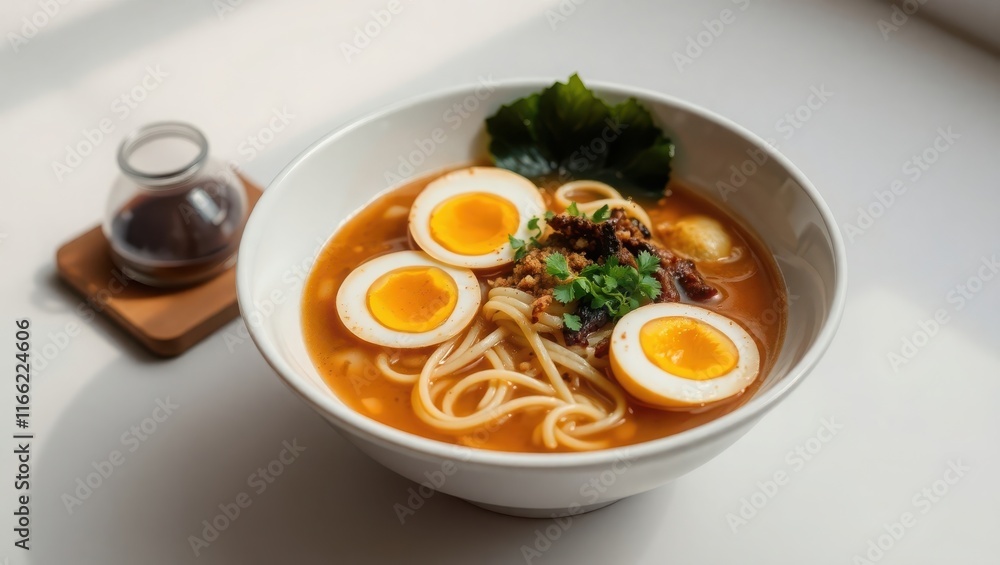 Delicious ramen noodles soup with soft boiled eggs Delicious ramen noodles soup with soft boiled eggs