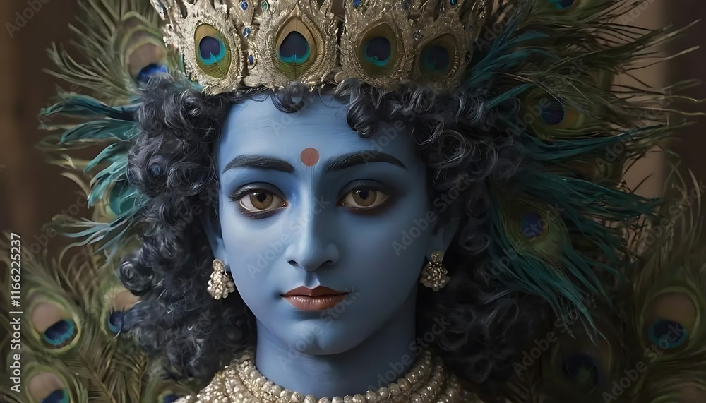 Close-up of Lord Krishna with Blue Skin, Curly Hair, and Peacock Feather in Crown, head Up Close-up of Lord Krishna with Blue Skin, Curly Hair, and Peacock Feather in Crown, head Up