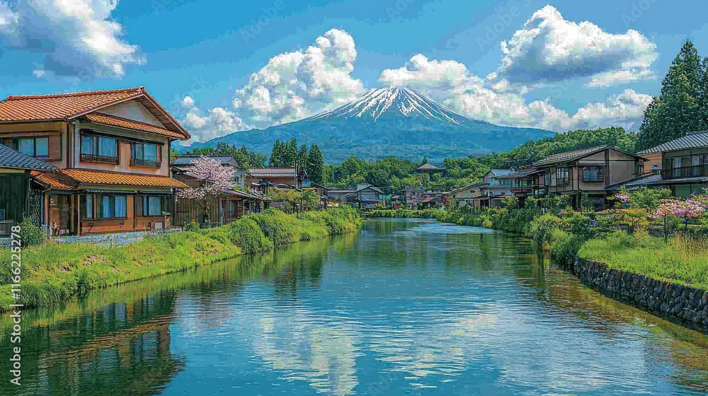 Fototapeta premium Serene landscape with a river and Mount Fuji backdrop.