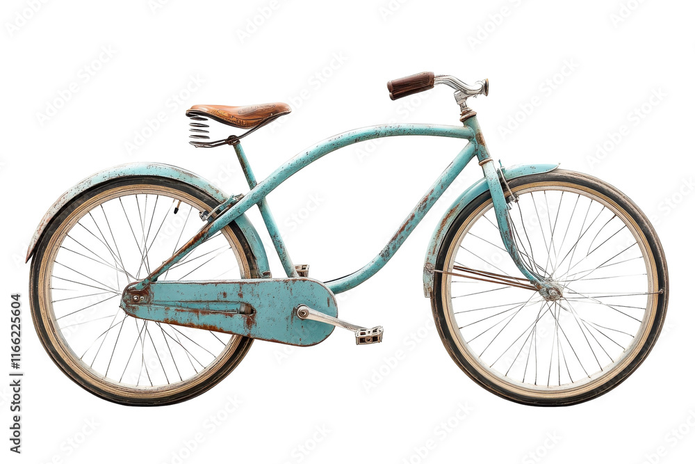 Fototapeta premium Vintage blue bicycle on a white background showcasing its retro design and unique features isolated on transparent background