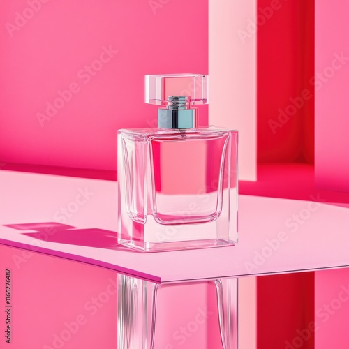 Clear glass perfume bottle on pink background.