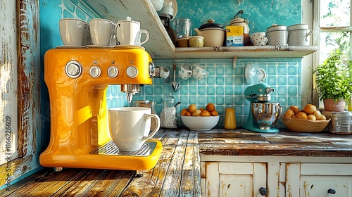 Yellow Coffee Maker In A Rustic Kitchen Setting photo