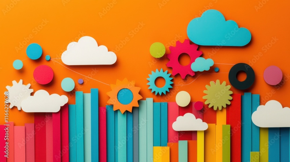 A vibrant, artistic display featuring colorful gears, clouds, and vertical bars against an orange background, representing creativity and innovation.