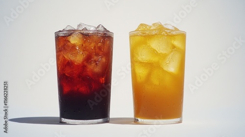 Two iced drinks in glasses, dark and yellow hues.