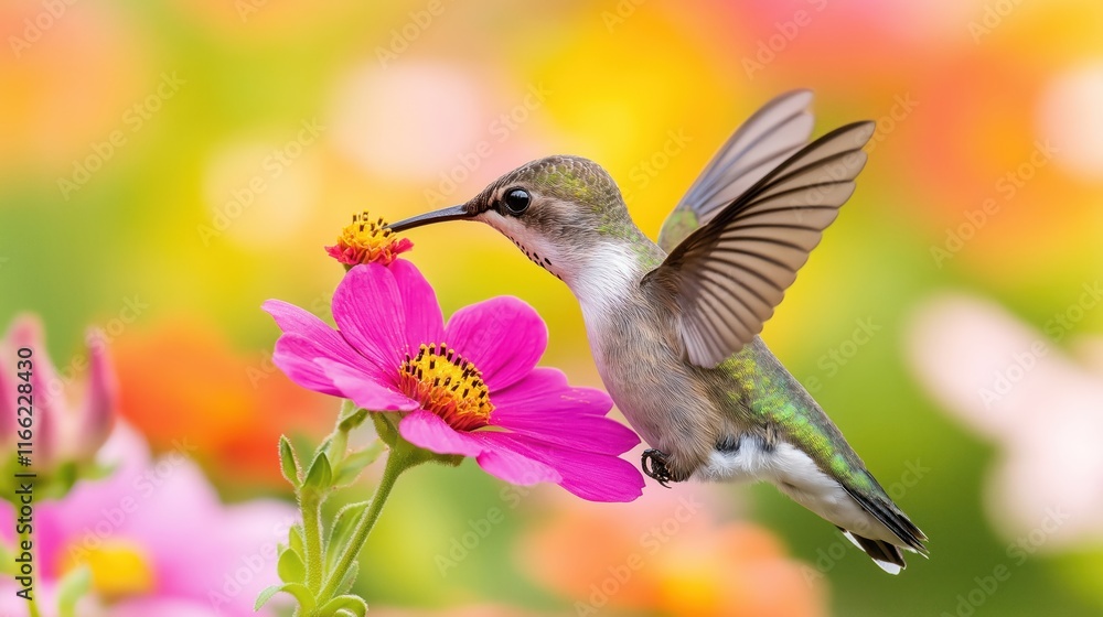 Naklejka premium Hummingbird feeds on bright pink flower. Tiny bird hovers near flower. Close-up shows wildlife detail. Nature scene captures beauty of small hummingbird. Vibrant colors highlight natural world.