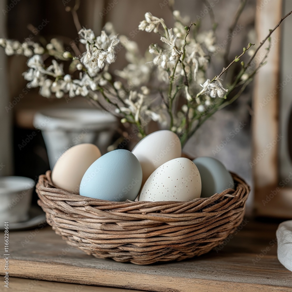 A rustic basket brimming with colorful eggs, surrounded by delicate branches for a charming and artistic touch. A rustic basket brimming with colorful eggs, surrounded by delicate branches for a charming and artistic touch.