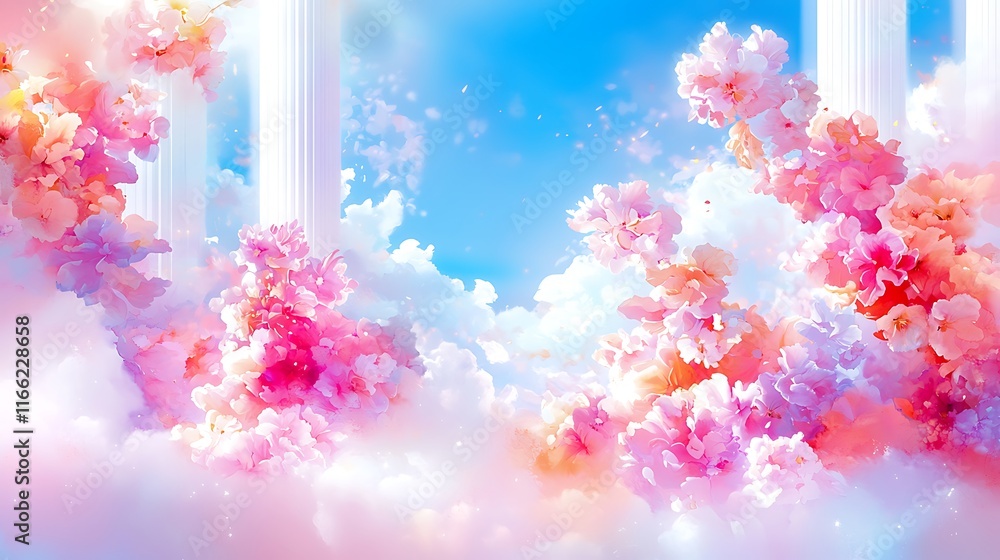 Dreamlike pink blossoms and clouds float amongst white columns in a vibrant fantasy landscape. Dreamlike pink blossoms and clouds float amongst white columns in a vibrant fantasy landscape.