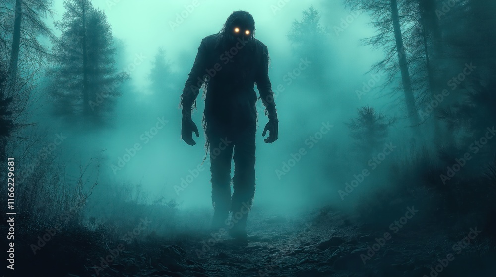 Undead figure walks spooky foggy forest. Glowing eyes of zombie show fear. Torn clothing emphasizes decay in dark woods. Scary scene evokes apocalypse. Dark forest path leads through eerie mist. Undead figure walks spooky foggy forest. Glowing eyes of zombie show fear. Torn clothing emphasizes decay in dark woods. Scary scene evokes apocalypse. Dark forest path leads through eerie mist.