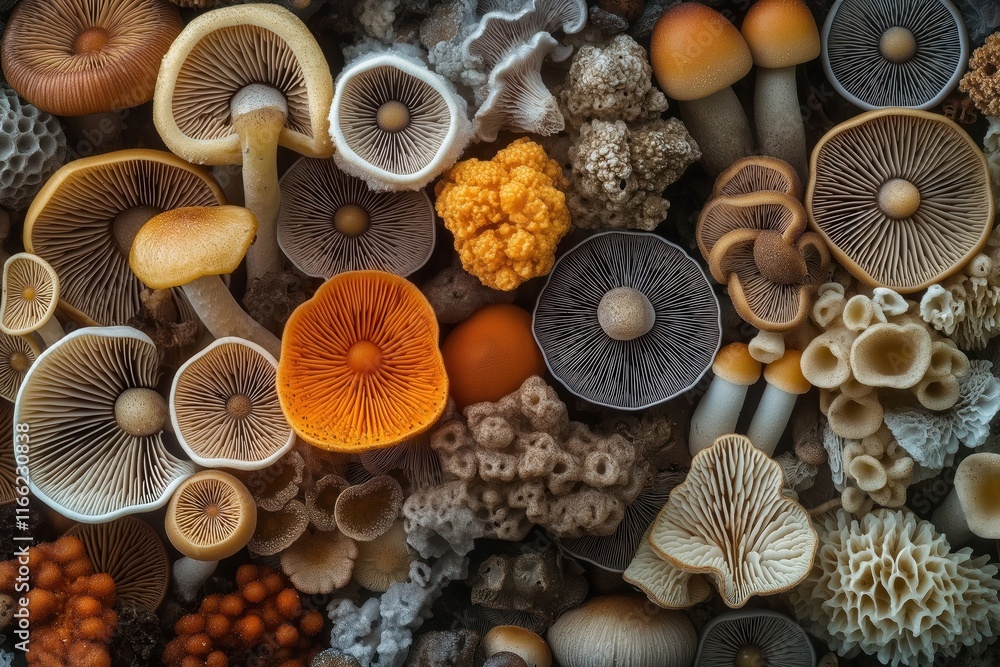 Close-up view of diverse fungi spores. Microscopic view shows unique shapes, structures of different fungi spores. Spores appear in various colors like brown orange, beige. Image fascinating details Close-up view of diverse fungi spores. Microscopic view shows unique shapes, structures of different fungi spores. Spores appear in various colors like brown orange, beige. Image fascinating details