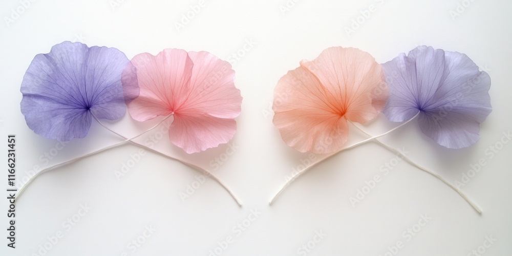 Obraz premium Delicate pastel flowers arranged symmetrically on a white background