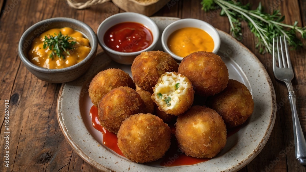 Top-Down View of Homemade Risotto Arancini with Dipping Sauces Top-Down View of Homemade Risotto Arancini with Dipping Sauces