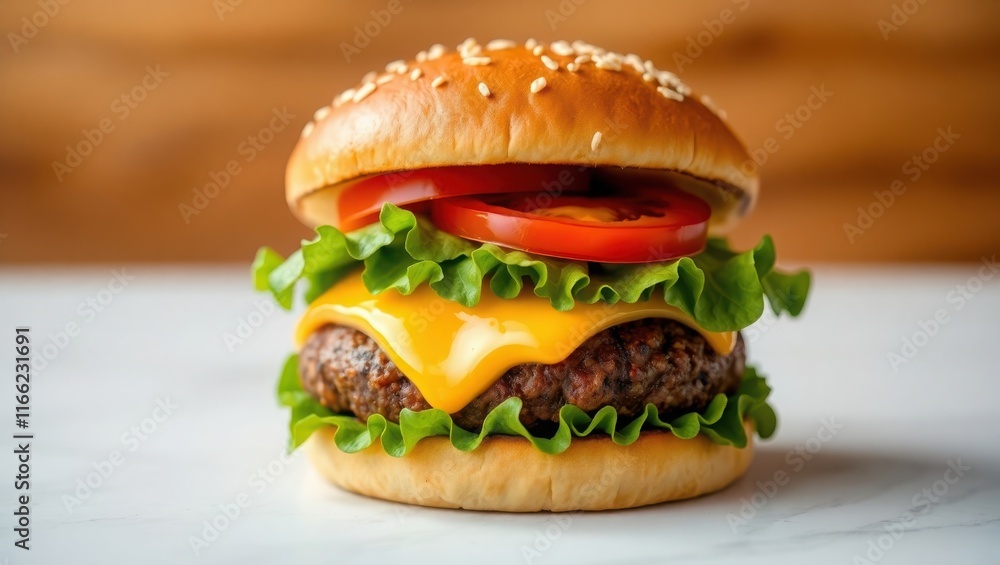 Delicious Juicy Cheeseburger With Lettuce Tomato And Sesame Bun Delicious Juicy Cheeseburger With Lettuce Tomato And Sesame Bun