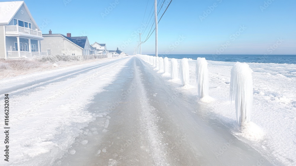 Winter coastal road with icy landscape and frozen poles Winter coastal road with icy landscape and frozen poles
