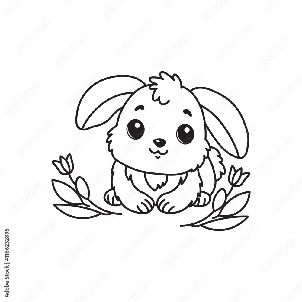 illustration of Black And White Coloring Book With Bold Lines, Cute Animal Bunny illustration of Black And White Coloring Book With Bold Lines, Cute Animal Bunny