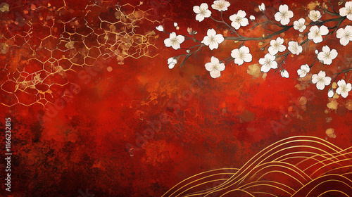 和柄-梅と波-赤