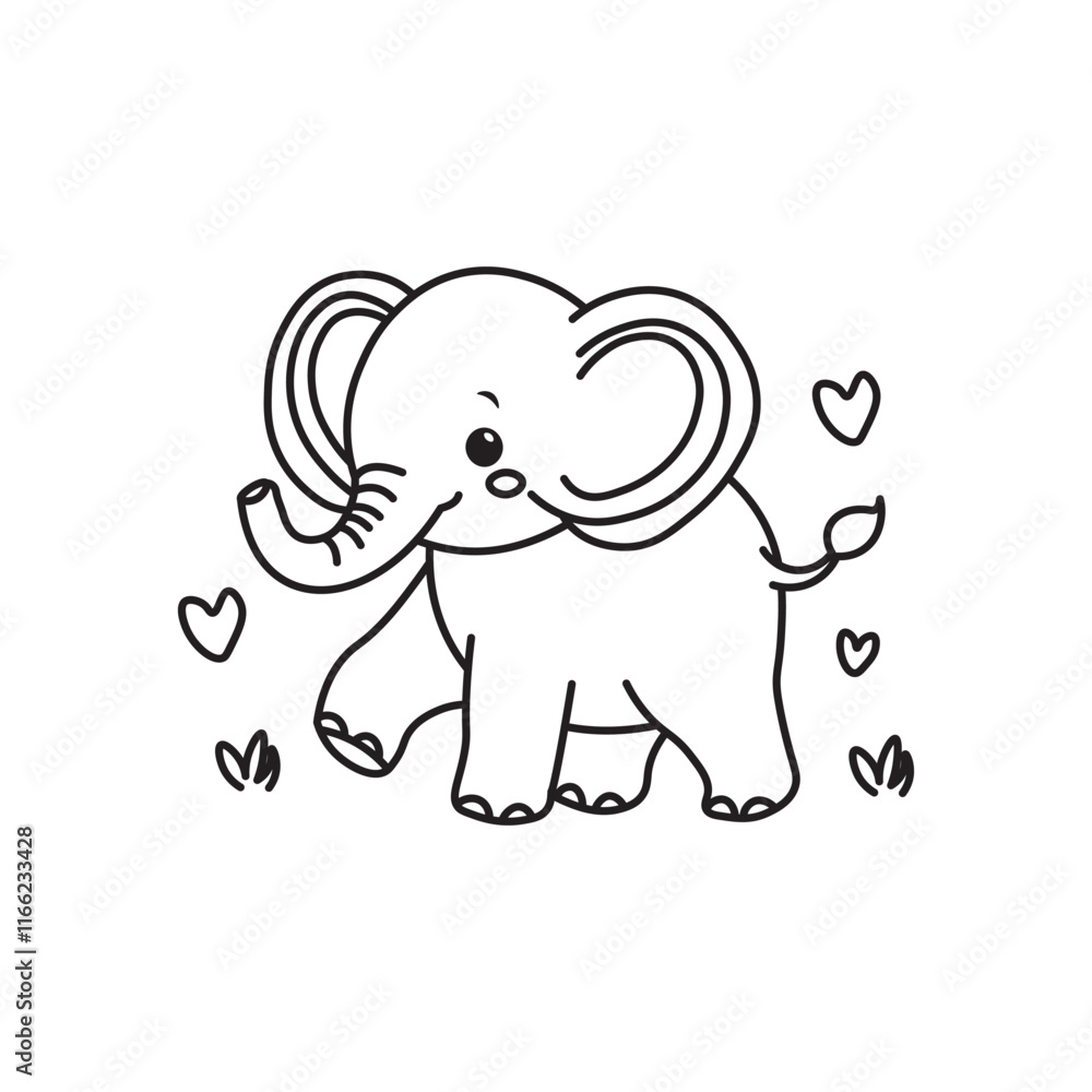 illustration of Black And White Coloring Book With Bold Lines, Cute Animal Elephant illustration of Black And White Coloring Book With Bold Lines, Cute Animal Elephant