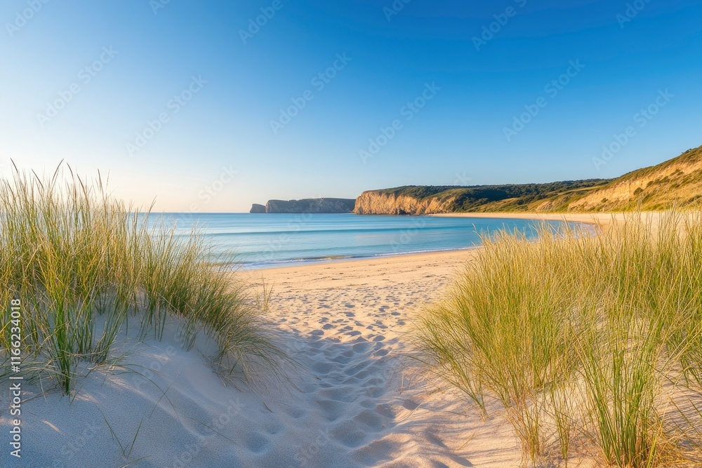 A serene New Zealand beach at sunrise, with soft sand and tall grasses on the shore, overlooking towering rock formations in the distance under clear blue skies. The scene captures an idyllic coastal A serene New Zealand beach at sunrise, with soft sand and tall grasses on the shore, overlooking towering rock formations in the distance under clear blue skies. The scene captures an idyllic coastal