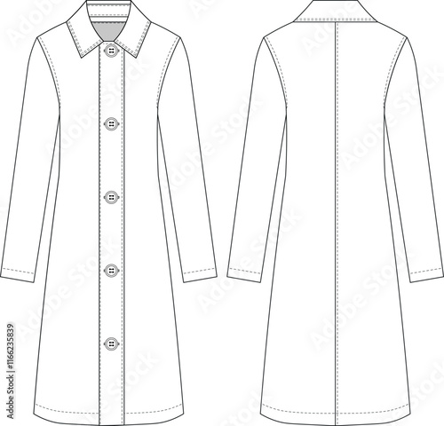collared zippered buttoned long sleeve midi short knee length a line jacket coat overcoat template technical drawing flat sketch cad mockup fashion woman design style model 

