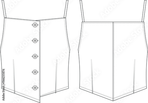 sleeveless strappy strapped shoulder straps shoulder straps buttoned darted tailored fit blouse top vest waistcoat template technical drawing flat sketch cad mockup fashion woman design style model 
