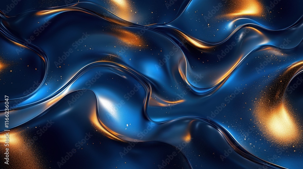 Obraz premium Abstract liquid waves in blue and gold with glowing highlights and smooth texture