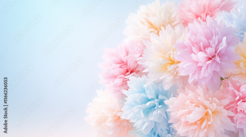 Fototapeta premium Vibrant pastel peonies blossoming against tranquil sky background