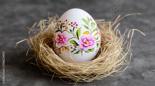 Colorful floral easter egg in straw nest on gray background photo