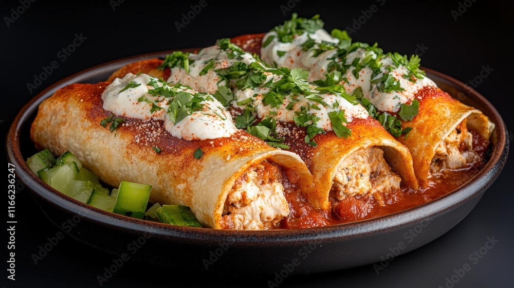 Mouth-watering enchiladas with creamy sauce and fresh herbs in a rustic bowl Mouth-watering enchiladas with creamy sauce and fresh herbs in a rustic bowl
