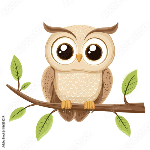 Cute owl sitting on a branch with transparent background photo