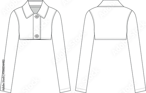 collared buttoned long sleeve cropped crop jacket coat template technical drawing flat sketch cad mockup fashion woman design style model 
