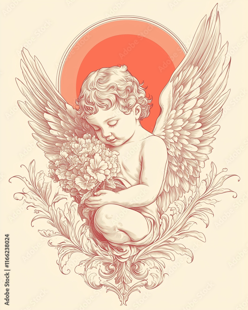 Line Art Drawing of an Angelic Cherub Holding Flowers in Retro Design Line Art Drawing of an Angelic Cherub Holding Flowers in Retro Design
